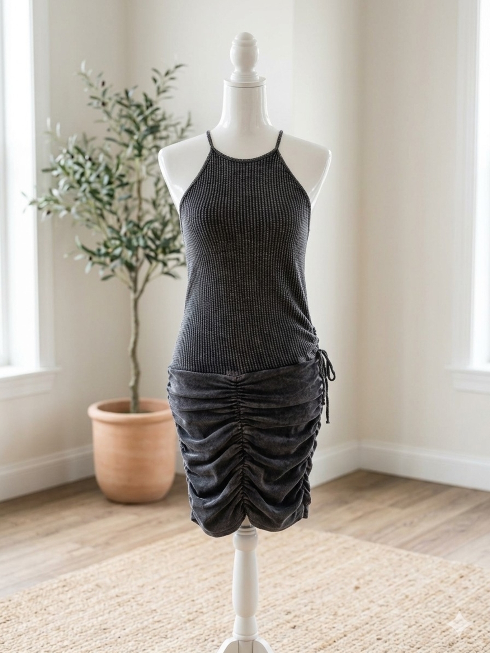 Free People Charcoal Halter Ruched Mini Dress
